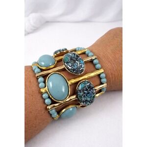 Chunky Wide Statement Bracelet Blue Cabochon Stone Beaded Gold Tone Multi Strand